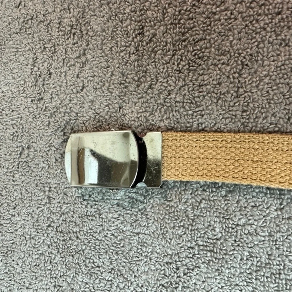 Tan Khaki Canvas Web Belt Silver Flip Top Buckle Military Style Adjustable 37in